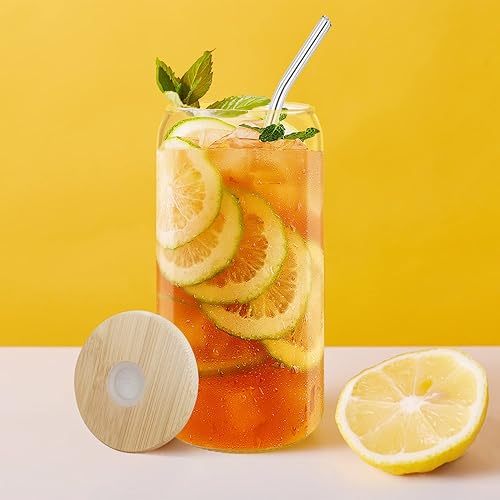 Miniatura 4 de 6Pack Glass Cups Can Beer Shaped Drinking Glasses with Bamboo LidsStainless Steel Straws and Cup Holder Set 16 OZ Iced Coffee Sake Glasses Cup for