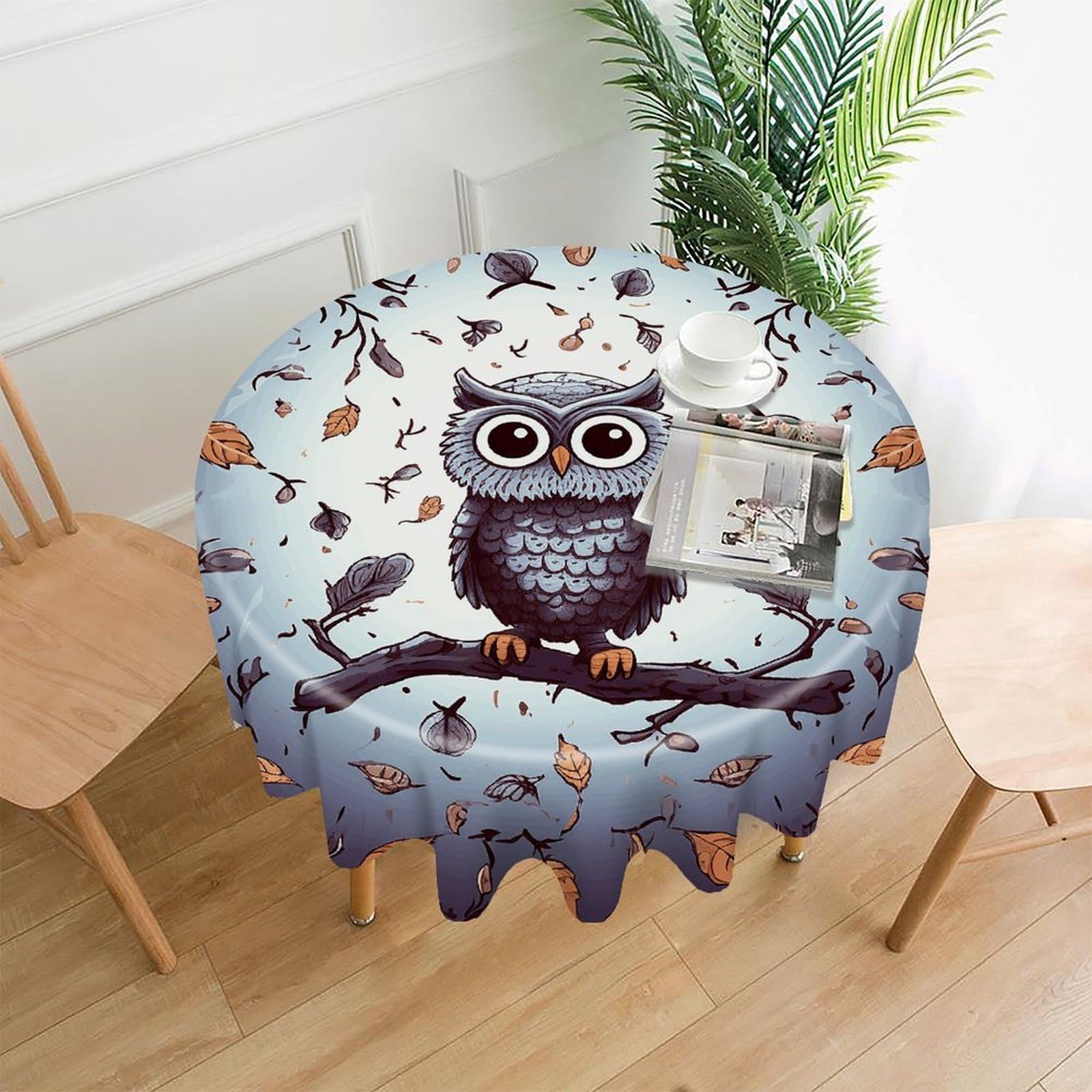 FodPand Owl Tree Branches Round Tablecloth - 60 Inch Premium Polyester Table Cloth, Fashion Wrinkle Resistant Decorative Table Cover for Dining Kitchen Party Buffet Tables