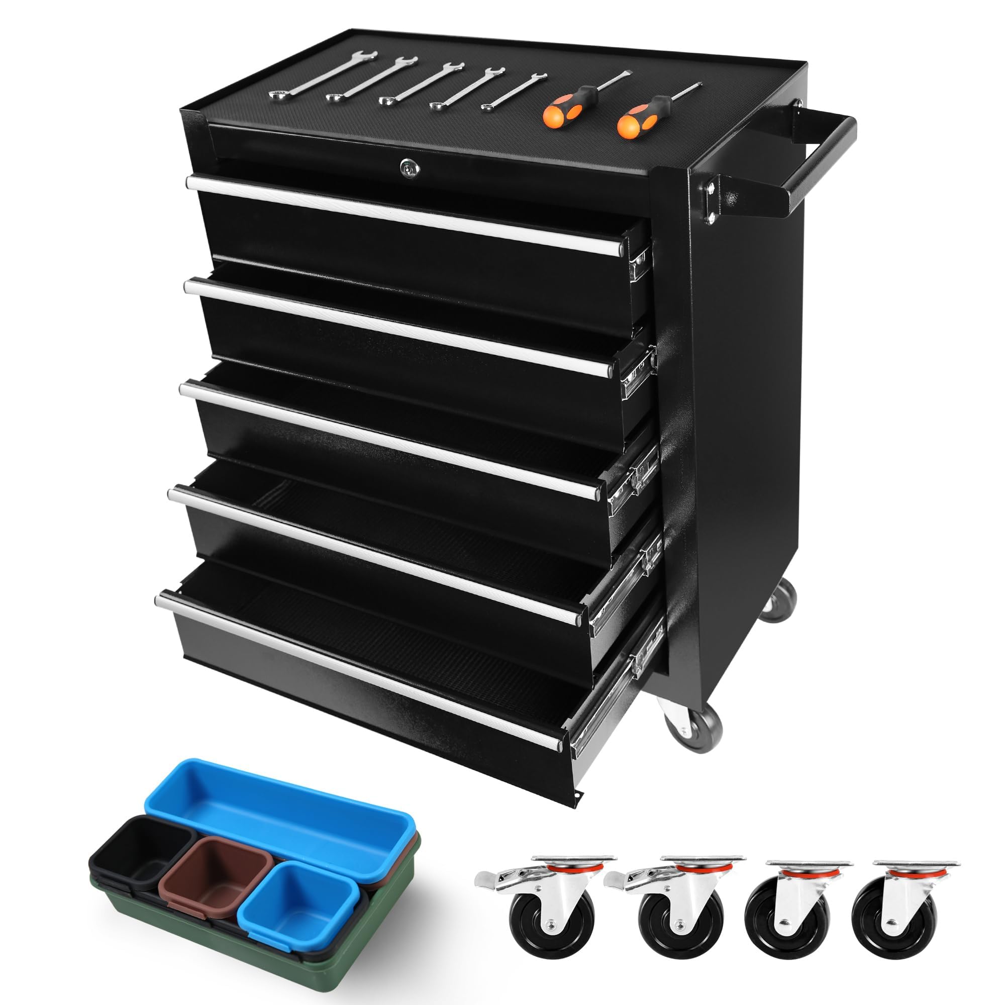 30 inch Rolling Tool Box with Drawers and Lock,Black Tool Chest On Wheels,24 Inch Wide Rolling Tool Cart with Toolbox Organization for Mechanics Garage Men
