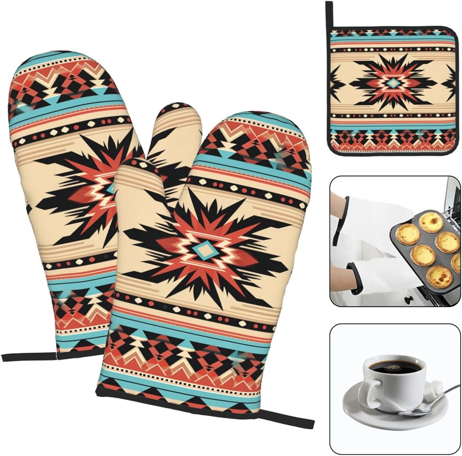 Oven Mitts and Pot Holders Sets 4PCS Heat Resistant Thicken Kitchen Cooking Gloves Native American Patterns Oven Mitts BBQ Oven Gloves Non-Slip Potholders Hot Pads for Baking Cooking Home Essentials