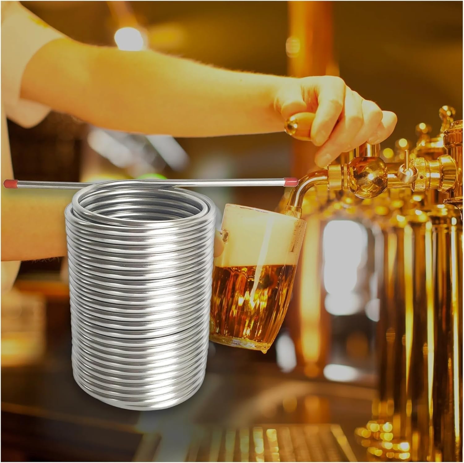 Intercambiador de calor, serpentín de enfriamiento de 19 m de longitud, enfriador de mosto de agua y cerveza de doble capa, serpentín de acero inoxidable de caja, tubo de 8 mm, enfriador de cerveza de