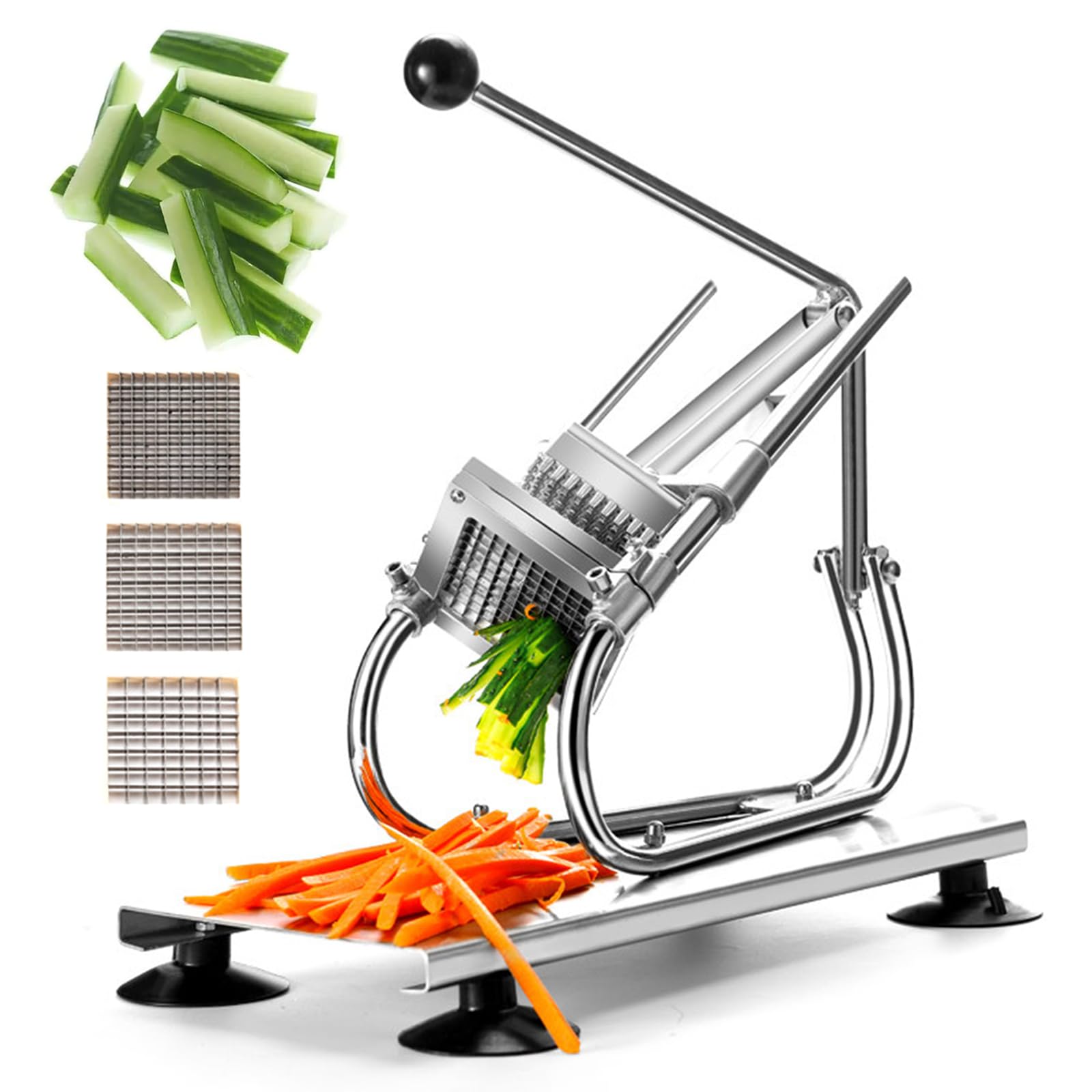 XDTKJDZ Cucumber Stick Cutter, Stainless Steel Manual Slicer, With 0.8/1/1.2 Cm Blades, 4 Suction Cups For Cutting Cucumbers, Potato, Radishes Into Strips, Salad Making, Cooking, Meal Preparation