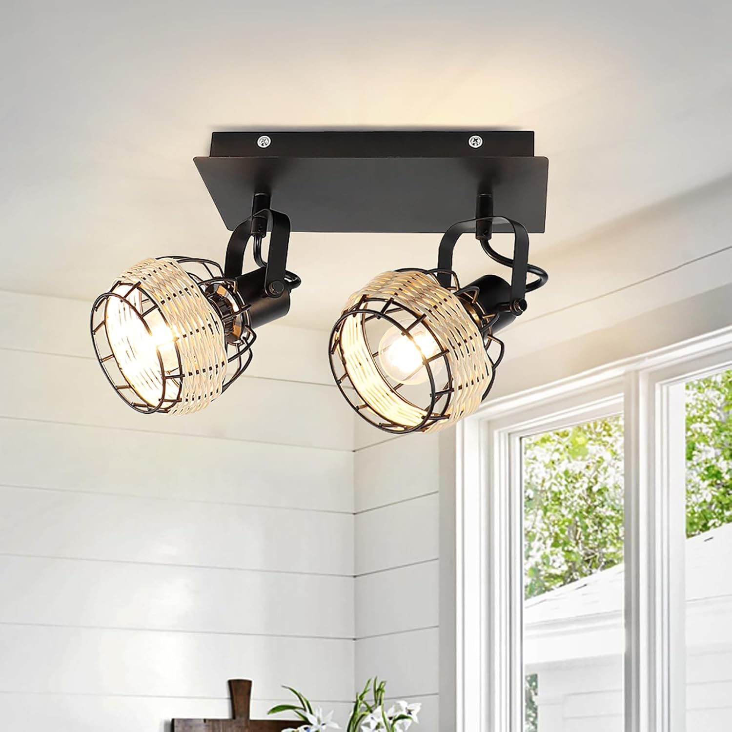 Depuley Ceiling Track Light Fixture: 2-Light Rattan Led Track Lighting Kit - Flush Mount Wall or Ceiling Spotlights Flexibly Adjustable Decorative Accent Lamp for Kitchen Living Room Bedroom Hallway Rattan-2 Lights
