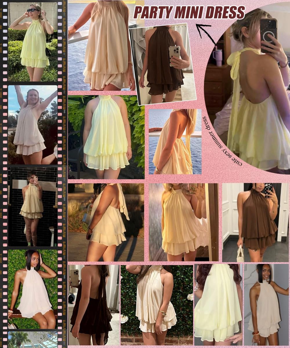 Narecte Womens Summer Dresses Halter Tie Mini Dress with Built-in Shorts, Chiffon Elegant Backless A-Line Sundress - Image 7