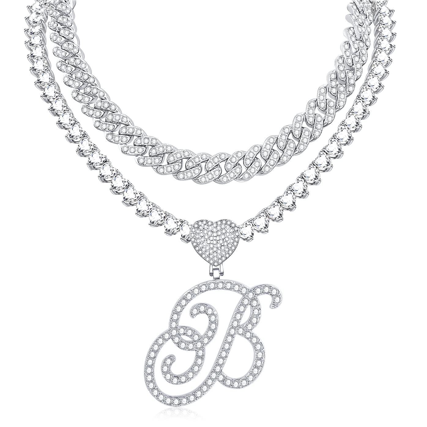KOHOTACursive Silver Initial Pendant Necklace for Women Miami Cuban Link Chain Layered Heart Shape Bling Diamond Iced Out Chain Pendant Necklace Hip Hop Jewelry Gift 2PCS Chains