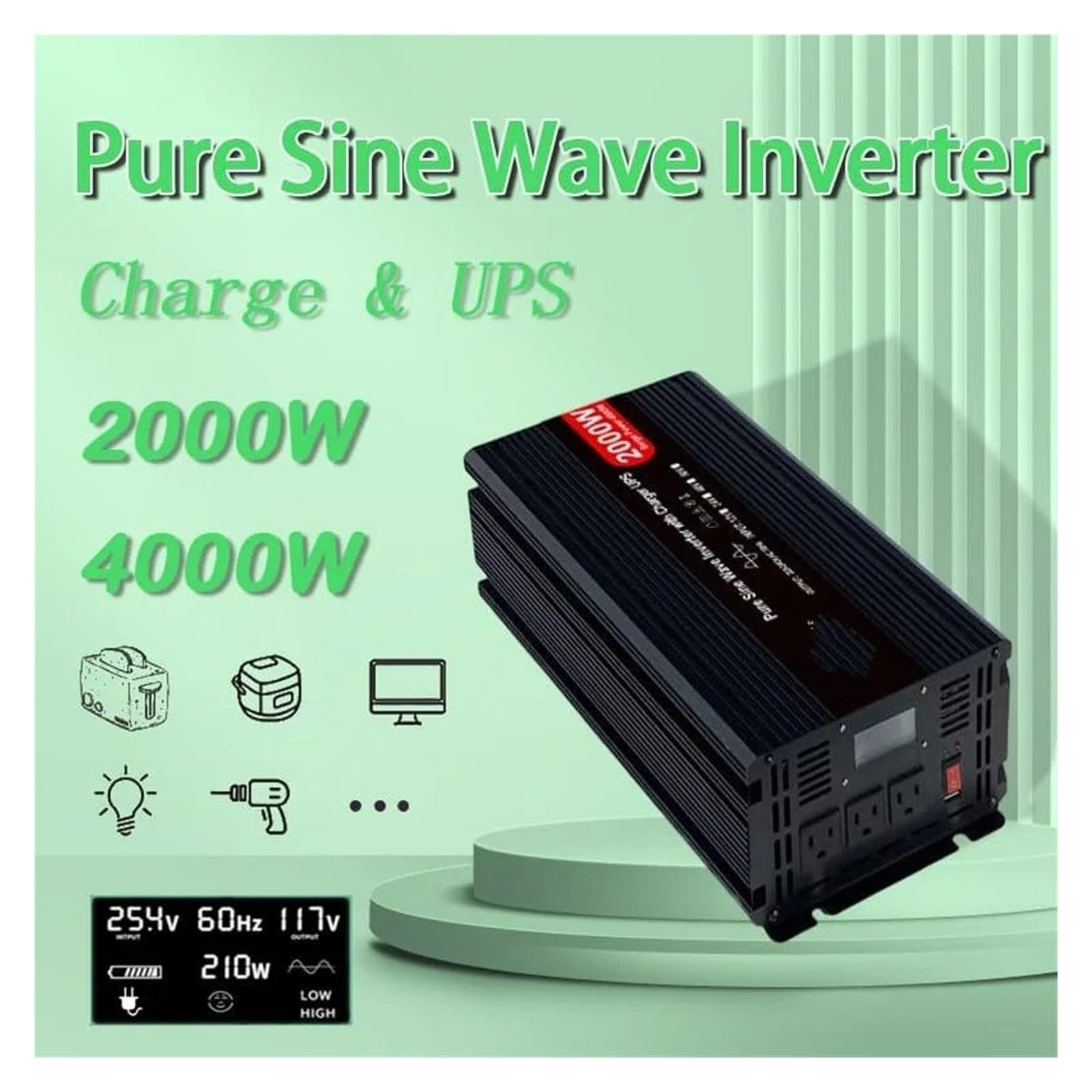Converter Invertitore Onda Sinusoidale PER Pura DC 12V/24V AC 110V/220V 2000W Picco 4000 Watt Inverter Potenza Display LCD Caricatore UPS(Frequency 50Hz,12V,240V)