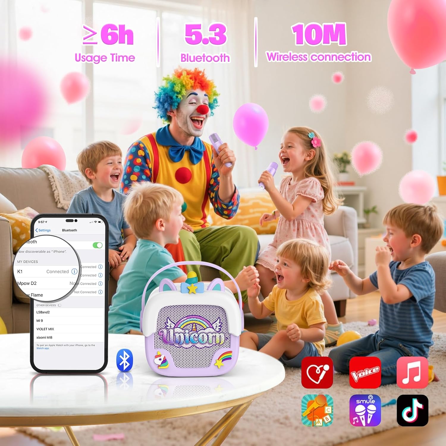 Illustration of the karaoke machine's Bluetooth 5.3 connectivity, 6+ hours usage time, and 10-meter wireless range, with a phone showing Bluetooth settings.