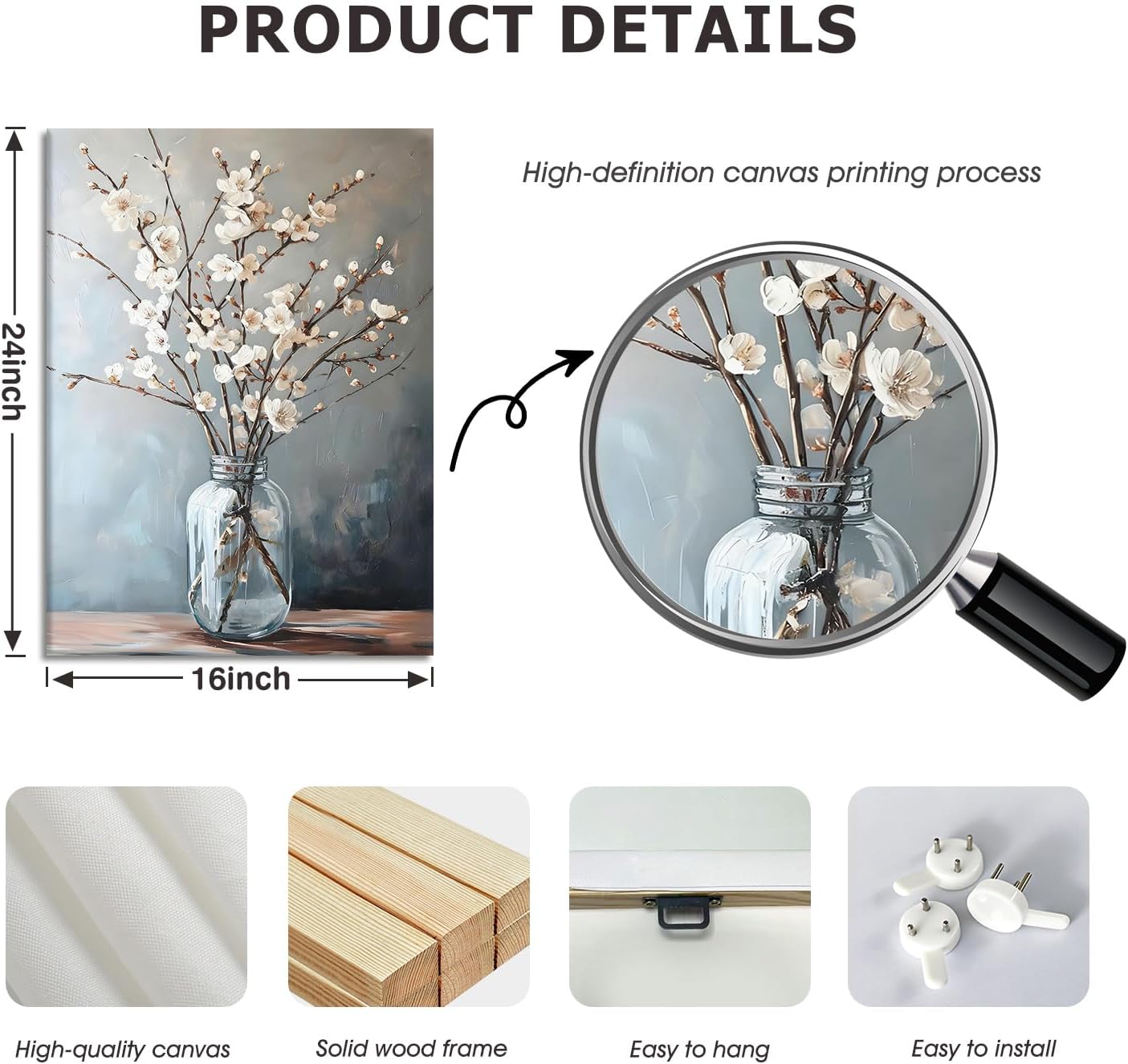 Doqueodas botanical and floral art canvas wall art, elegant still life floral paintings modern neutral vase design poster prints suitable for living room and bedroom wall decor 16x24 inch