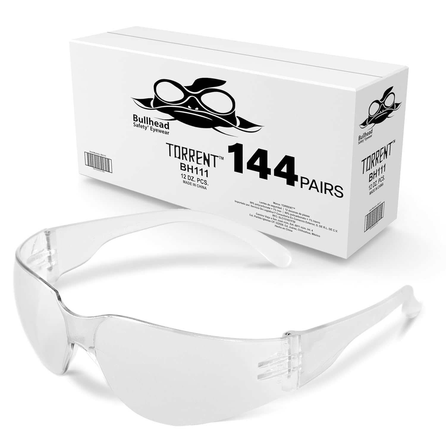 Bullhead Safety Torrent Glasses, High Impact Protection, Lightweight, Single-Mold Lens with 10 Base Curve for Maximum Protection, Clear Lens, Frosted Clear Temple Ends, One Size, 144 Pack