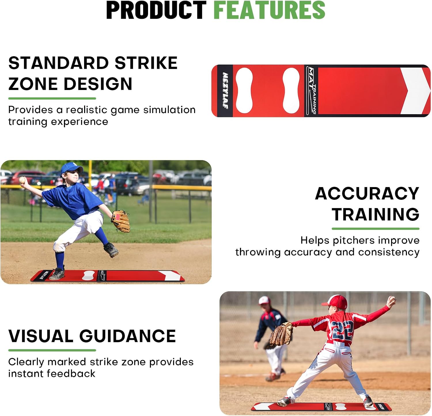 Nezylaf Softball Pitching Mat for Young Baseball Beginner - Non-Slip Portable Softball Training Mat for Hitting Practice - 54'' x 12'' Durable Batting Mat for Indoor/Outdoor Use