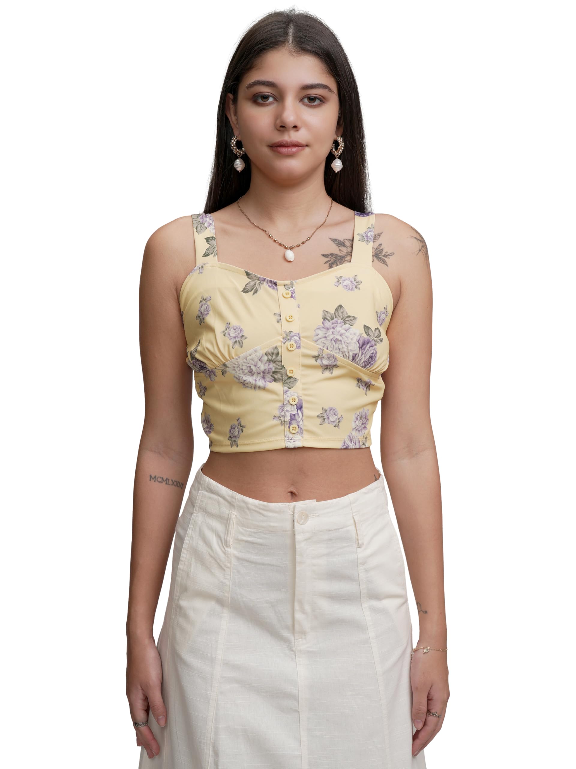 Women's Floral Print Crop Top | Square Neck | Shoulder Strap Sleeves | Chic & Feminine | Tops for Woman | Women Tops | Women Crop Top
