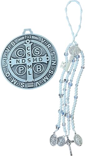 ST Benedict White Home Blessing - Colgador de puerta con dijes y pared Medalla de plata redonda pesada extra grandeBENDICION DE PUERTA Blanca SAN