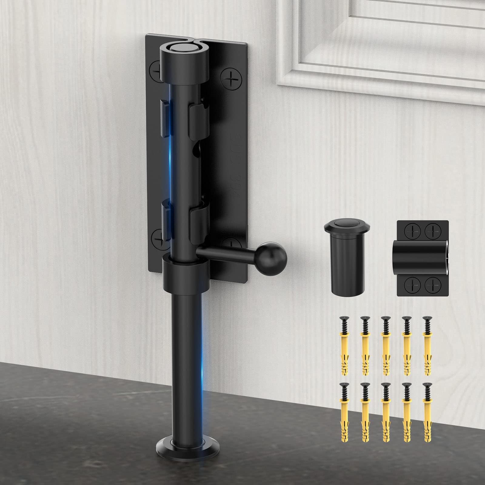 Barrel Bolt Latch, Slide Bolt Gate Latch Door Lock Hardware, 7.7 Inch Heavy Duty Solid 304 Stainless Stee Door Lock for Fence/Wooden/Barn Door/Yard Door/Interior Door Latch (1 Pack Black)