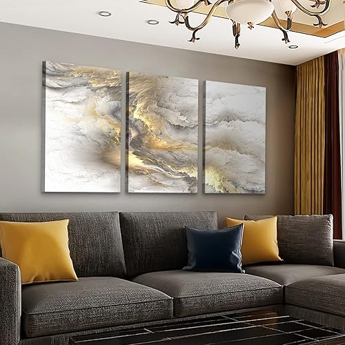 Miniatura 4 de Looife Lienzo abstracto para decoración de pared, de 12 x 16 pulgadas, 3 paneles con patrón de trébol amarillo y gris, impresiones giclée envueltas