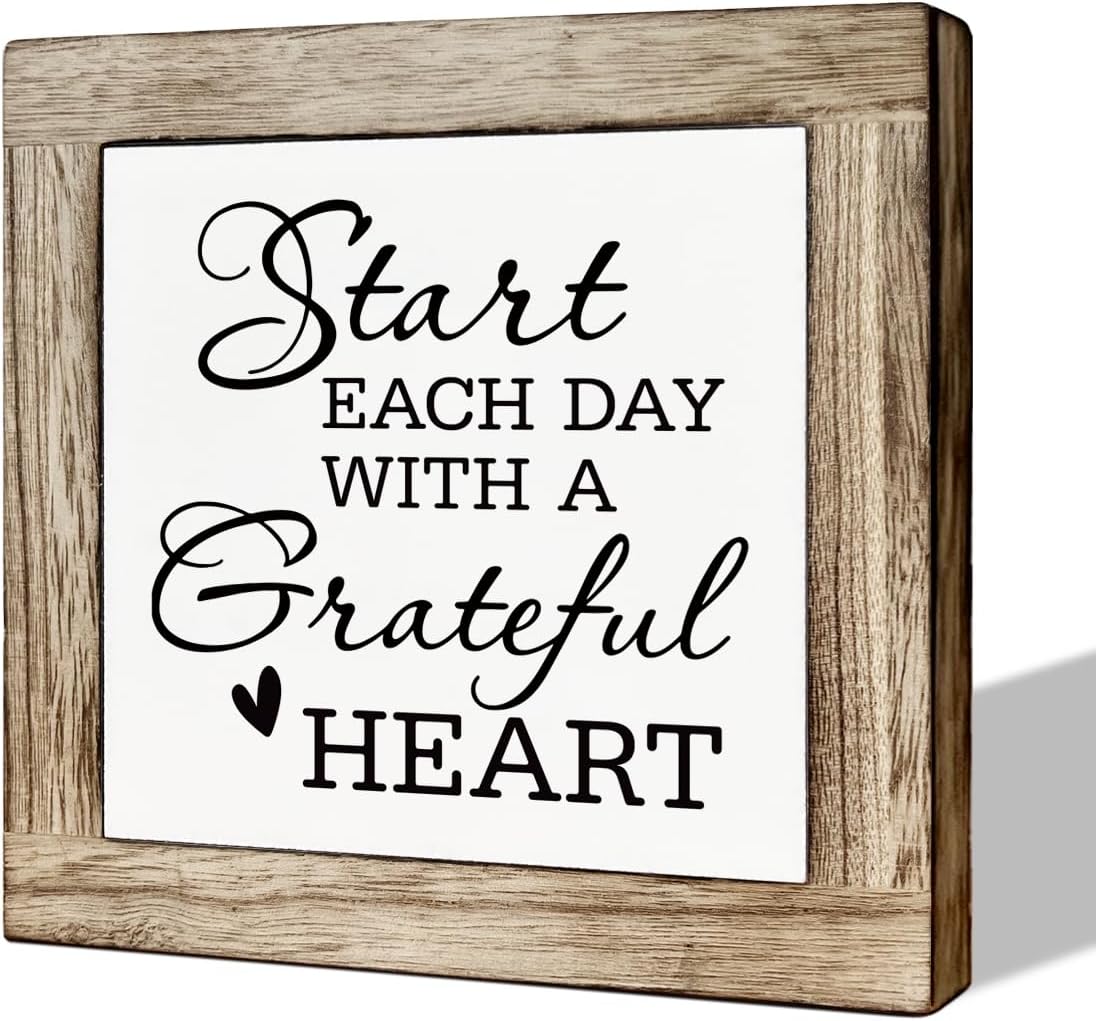Inspirational Desk Decor, Decorative Wooden Table Signs, Farmhouse Wooden Plaque, Motivational Home Office Decors, Living Room Decor, Start Each Day with A Grateful Heart Sign