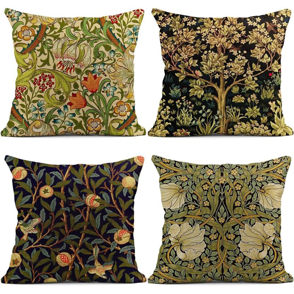 BREASOME Cushion Covers 45 x 45 cm, Set of 4 Linen Cushion Covers Decorative Pillow Covers with Vintage Flowers and Birds Design for Sofa Bedroom Living Room