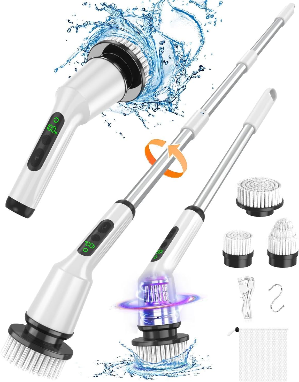 Electric Spin Scrubber, Upgraded Bathroom Cleaning Brush IPX7 Waterproof with 2 Speeds(Up to 500 RPM), 3 Replaceable Brush Heads & 53’’ Adjustable Handle Perfect for Bathroom, Tub, Tile, and Floor