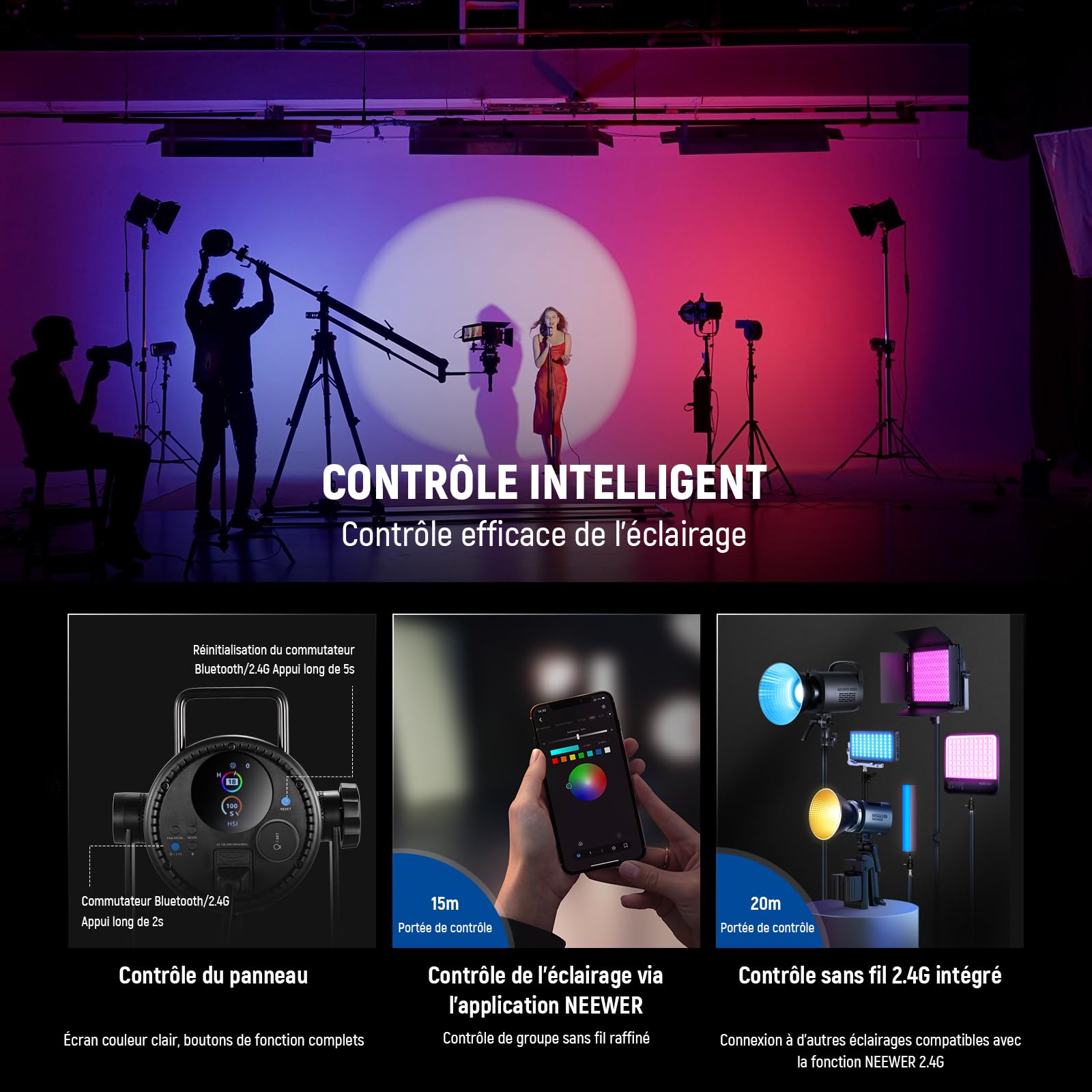 NEEWER CB300C 300W COB Video Light LED RGB avec Réflecteur, Contrôle APP/2,4G, 17 Scènes, 29600Lux/1m 2500-7500K CRI97+/TLCI97+ Éclairage Continu Couleur COB Bowens Réglable, pour Tournage en Studio