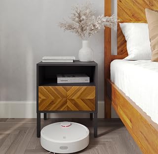 Bme Vivian Solid Wood Nightstand/Side End Table, Fully Assembled, with Herringbone Pattern for Rustic Bedroom, Rustic Golden Brown and Black