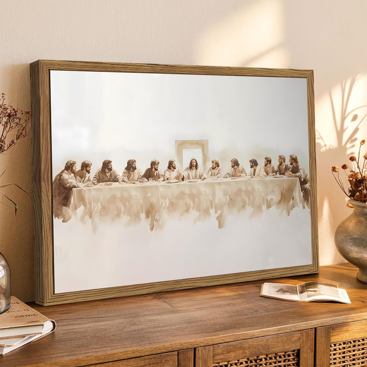 Jesus Last Supper Wall Art Spiritual Christian Wall Decor Painting Modern Jesus Religious Poster Canvas Print for Living Dining Prayer Room Bedroom 12x16 inch Wood Framed