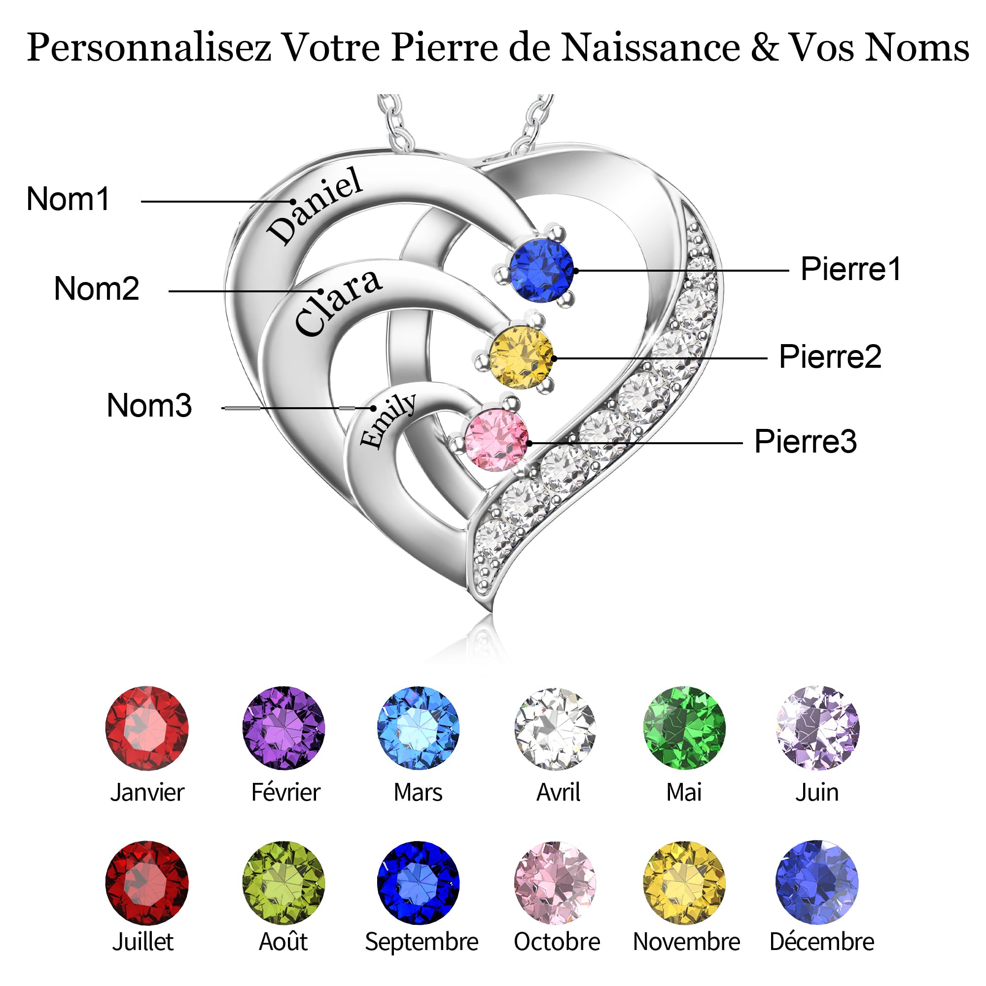 Easycosy Collier Personnalisé Prénom avec Pierres de Naissance Collier gravé 1-4 Nom Collier Pendentif Cœur Bijoux Personnalisé Cadeau Femme Fille Maman Mamie Copine pour Anniversaire Noël St-Valentin
