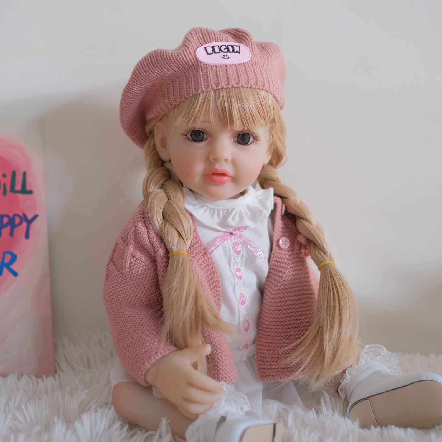 Pinky Lovely Reborn Baby Dolls Girl 22inch 55cm Full Body Soft Vinyl Newborn Baby Dolls Real Life Blonde Long Hair Baby Doll Toy for Kids 3+