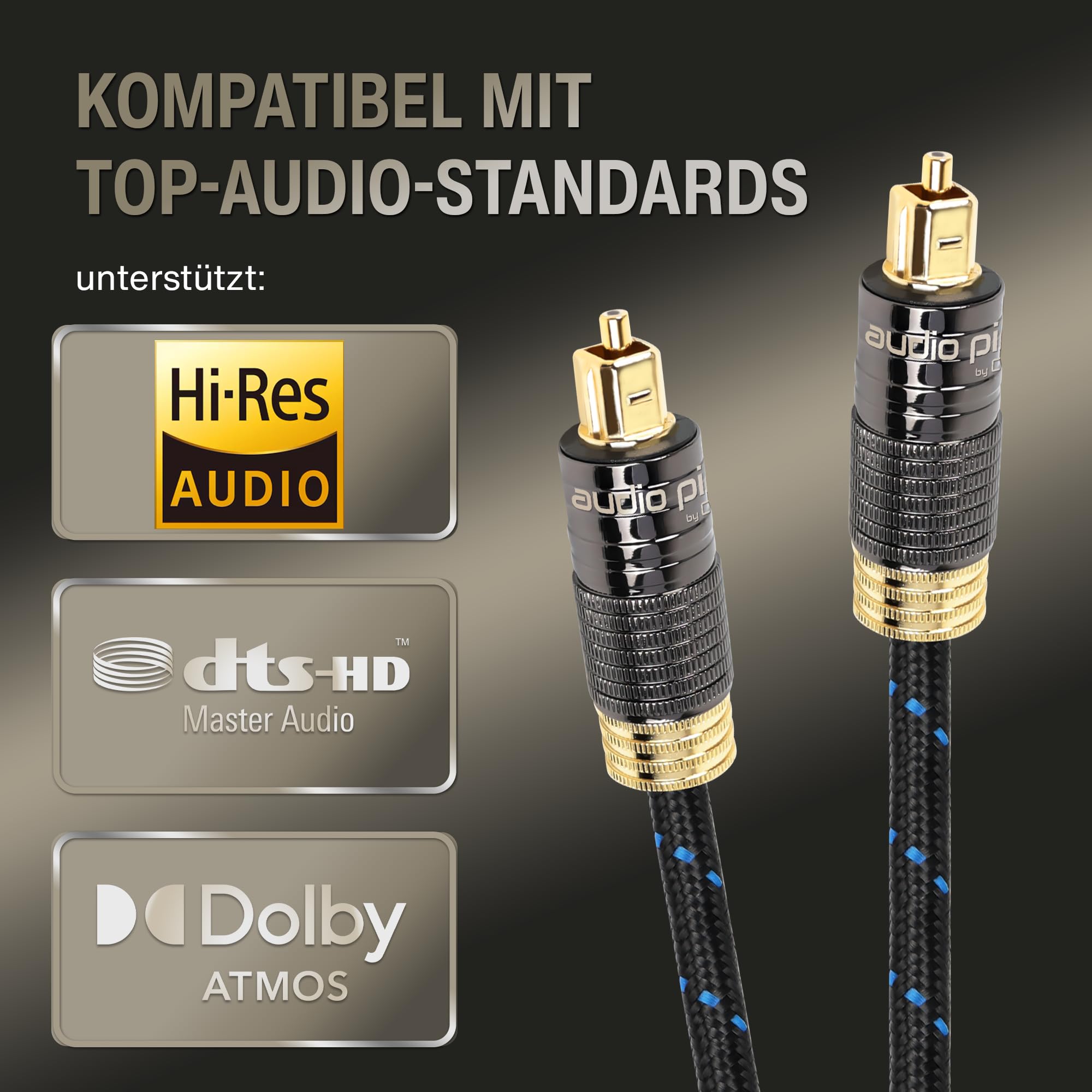 audio pirates Câble audio optique Toslink & câble numérique – Câble optique et Spdif 24 K plaqué or, boîtier en métal OD 5,0 mm, noir/bleu (lot de 2 – 10 mètres)