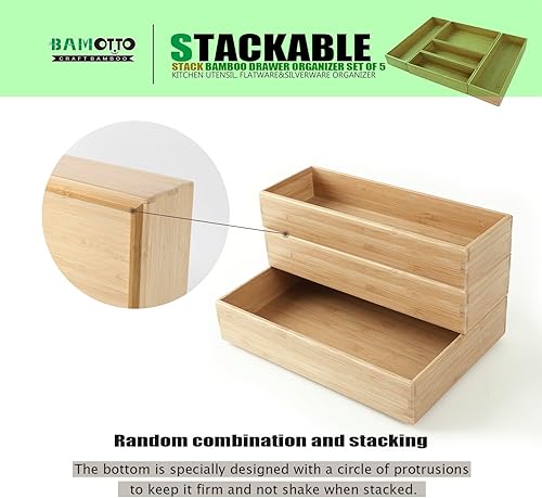 Miniatura 3 de Juego de 5 organizadores de cajones de bambú apilables, utensilios de cocina, cubiertos y cubiertos de madera laminada, apilable para cocina,