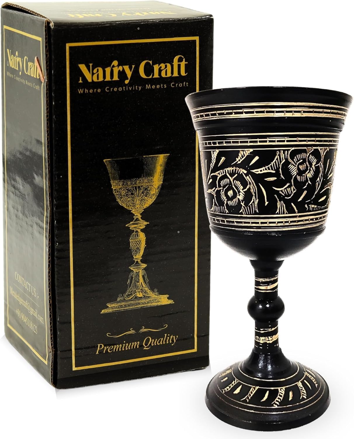 Solid Brass Vintage Chalic Goblet Medieval Handmade Decorative Wine Glass Communion Cup with Royal Embossed Design 1Pcs (With Box, Gold)