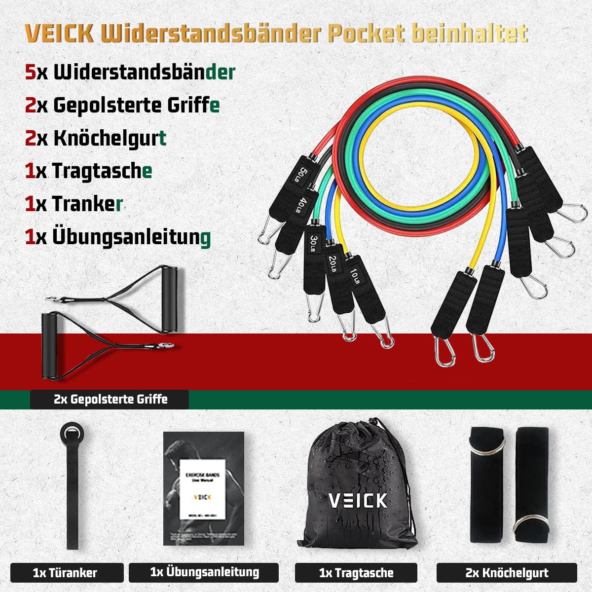 VEICK Widerstandsbänder, Übungsbänder, Trainingsbänder, Widerstandsbänder für Training mit Griffen für Männer und Frauen, Übungsbänder für Krafttrainingsgeräte zu Hause
