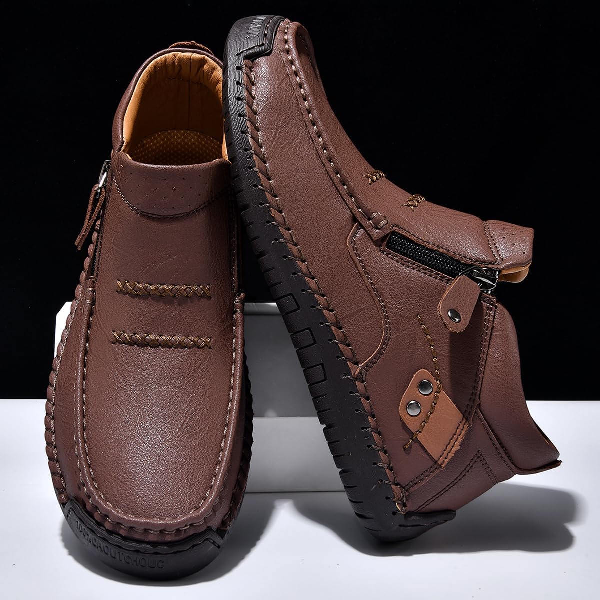 Coramtty Men's Casual Chukka Boots Handmade Comfort Vintage Mid Top Ankle Boots Side Zipper Lightweight Loafers Walking Driving Dress Shoes