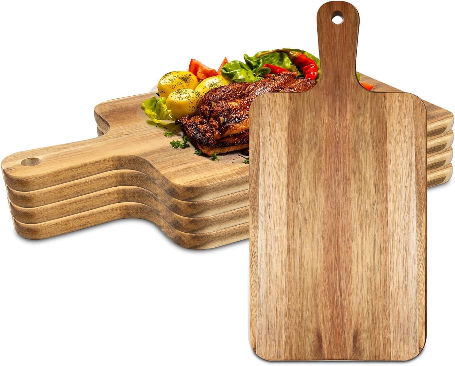 8er Schneidebretter aus Akazienholz mit Griff, Küchenschneidebrett Holz Paddel für Fleisch Brot Obst Käse Servierbrett Wurstbretter (40x20cm)