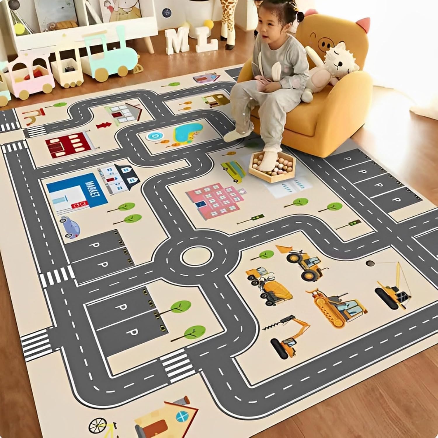 Kids Car Rug Playmat with Non-Slip Rubber Backing，Car City Life Road Carpet，Child Car Traffic Rugs ，Train Track Play Mat (90×150cm/36x60in)