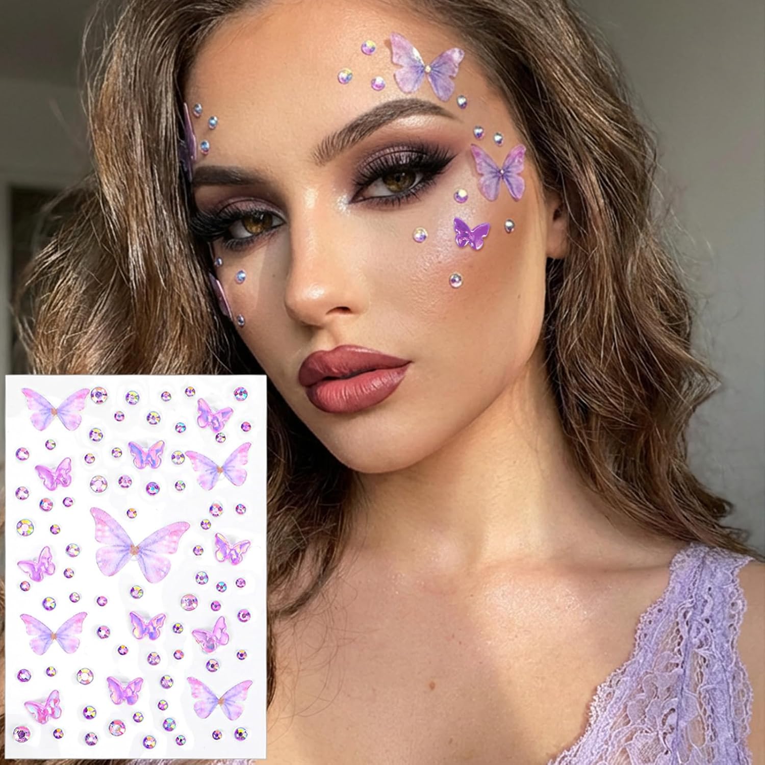 5pcs Butterfly Face Gem Stickers, 3D Glitter Rhinestones Self Adhesive Gems for Women, Colorful Face Jewels Rave Accessories for Makeup Body Scrapbook Decorations Crafting