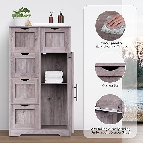 Miniatura 4 de Tidyard Armario de baño con 5 cajones de almacenamiento y 2 estantes, organizador de almacenamiento de armario independiente, gabinete de baño MDF