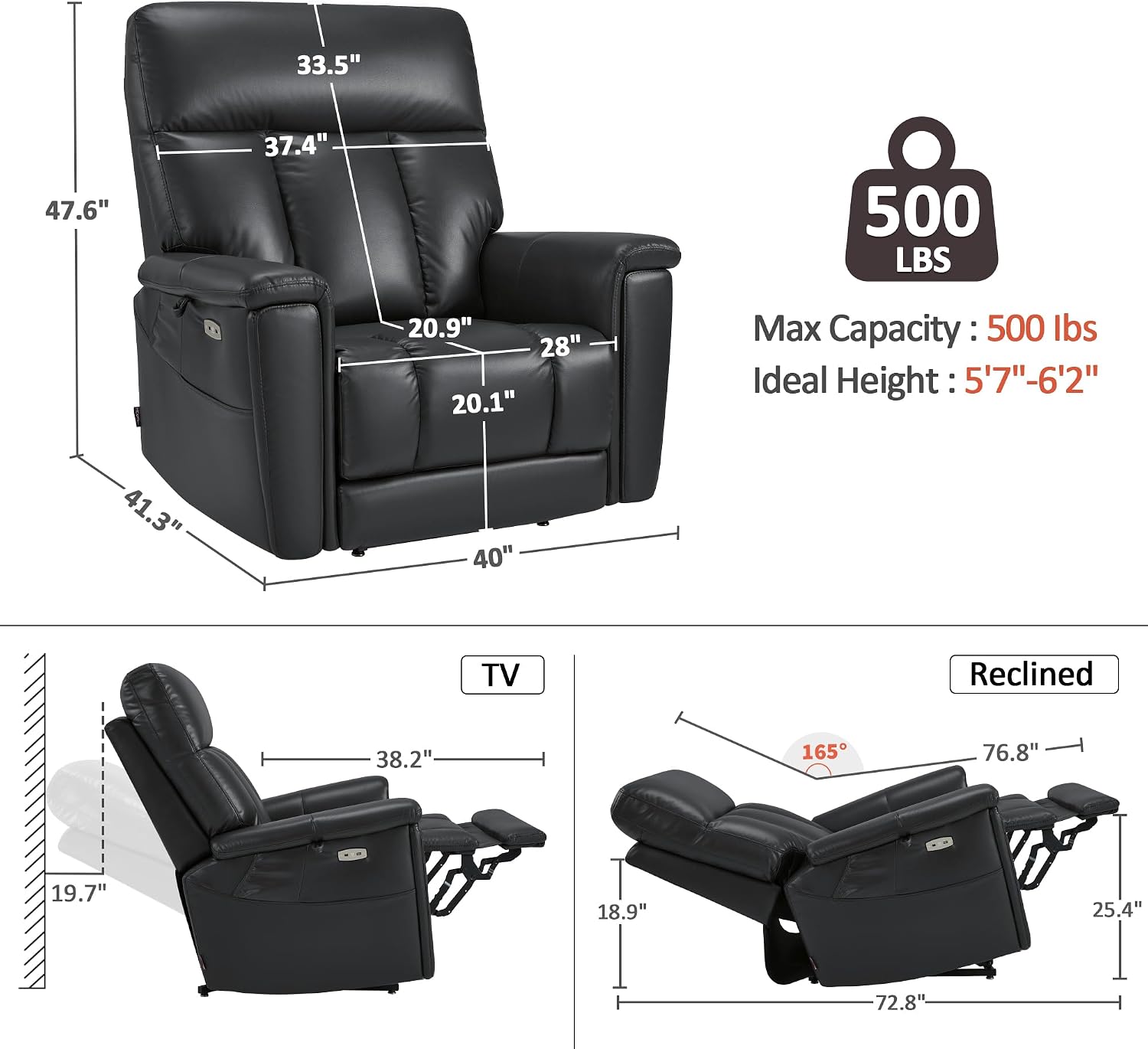 MCombo 500lbs Heavy Duty Lift Chair for Elderly, Extra Wide Dual Motor Power Lift Recliner with Hidden Cup Holders, USB Charging, Breathable Faux Leather R7777 (Black)