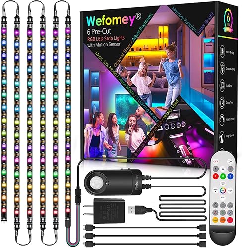 Luces RGB bajo gabinete con sensor de movimiento, 6 tiras de luces LED precortadas con control remoto, sincronización de música, luces de armario