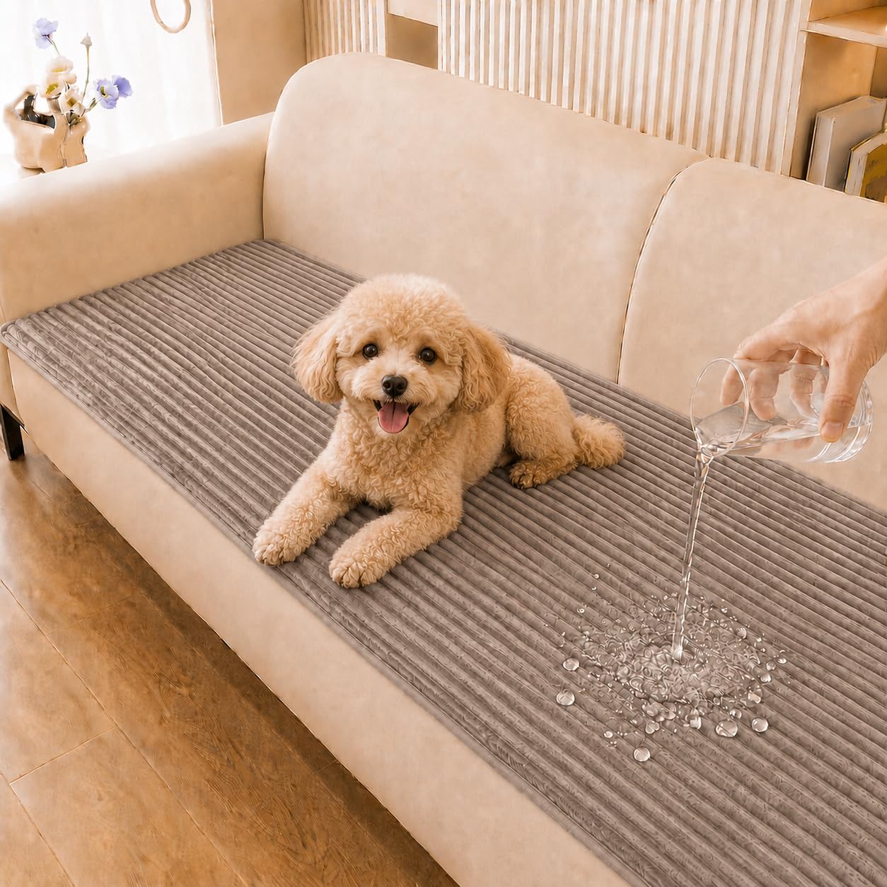Hiiksolo Sofa Cover Non-Slip Flannel Sofa Protector Cover, Washable Pet-Friendly Settee Guard, Cozy Anti-Slip Furniture Cover for Dogs and Cats, Khaki, 90x150cm