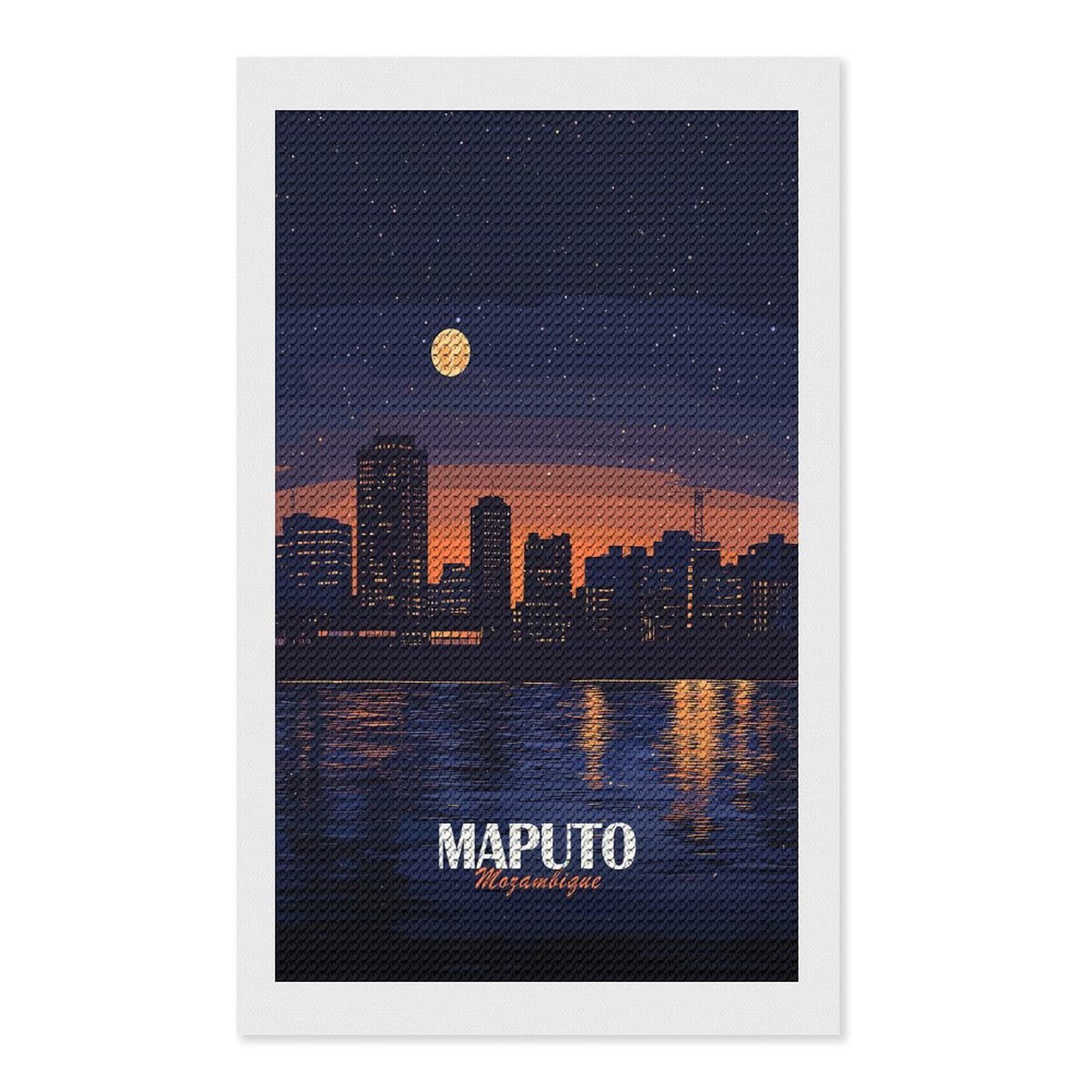 Junmoney Maputo, Mozambique Cityscape at Night Diamond Painting Canvas Kit 12"x20", Adhesive Canvas, Christmas Gift, Full Kit Included, Thoughtful Present
