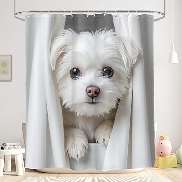 Funny Dog Shower Curtain Kids Cute Kawaii White Puppy Bathroom Curtain Set | Animal Lovely Fun Pet Doglover Gifts 60Wx72L Bathroom Decor Waterproof Fabric with Free Hooks