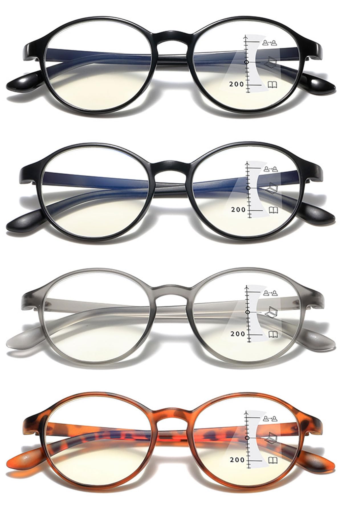 KOOSUFA Runde Gleitsichtbrille Progressive Multifokus Lesebrille Damen Herren Anti-Blaulicht Ultraleicht TR90 Rahmen Retro Lesehilfe Arbeitsplatzbrille 1,0 1,5 2,0 2,5 3,0 3,5 4,0