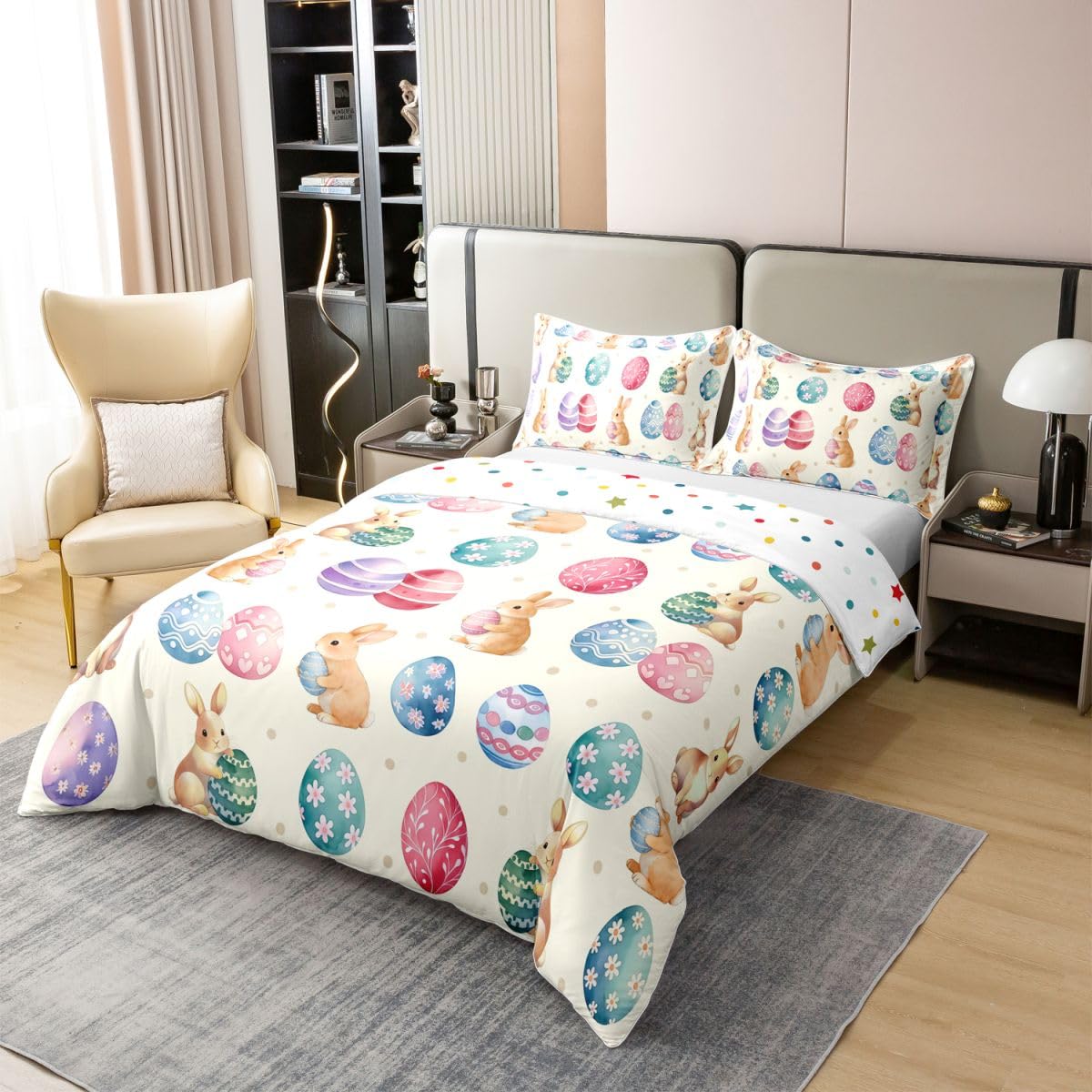Manfei Happy Easter - Juego de funda de edredón 100 % algodón, tamaño Super King, juego de ropa de cama de 3 piezas con estampado de huevos coloridos, decoración de habitación de niños y niñas, 2