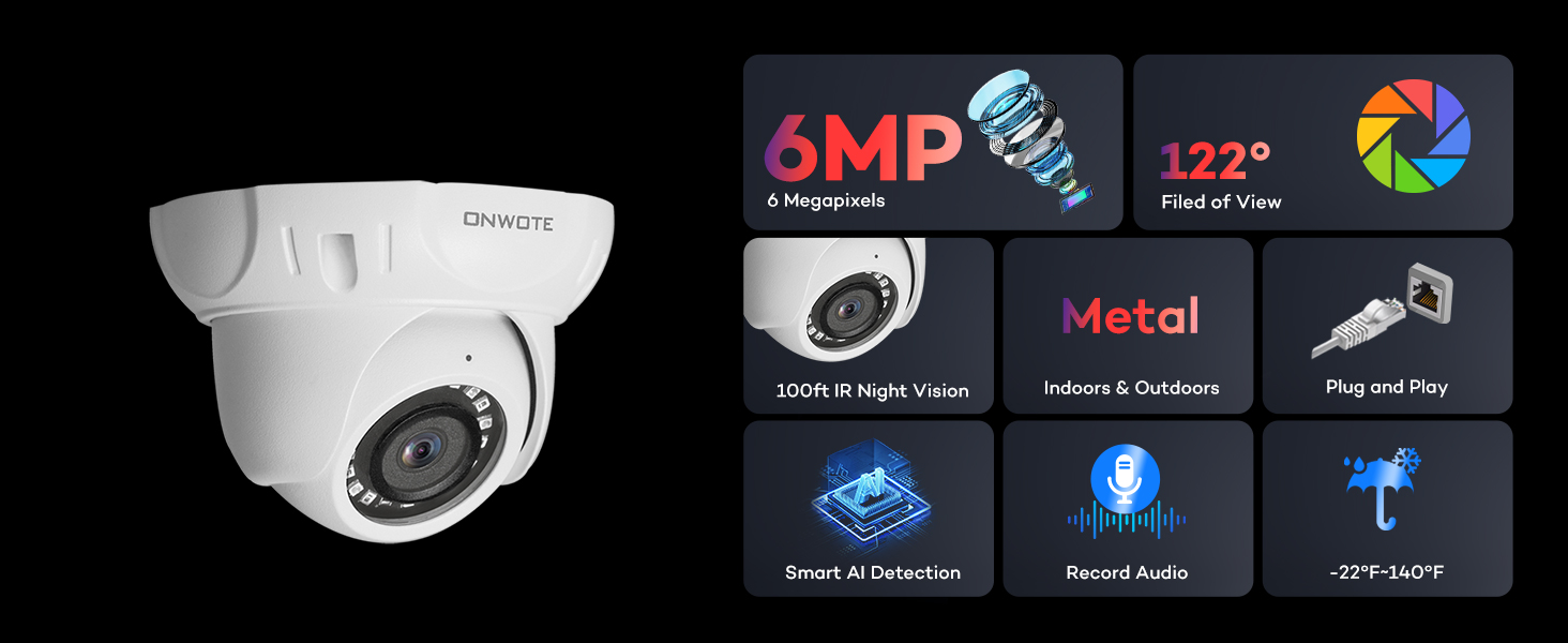 ONWOTE 6MP IP POE Outdoor Security Camera With Color Night Vision & AI Human Detection