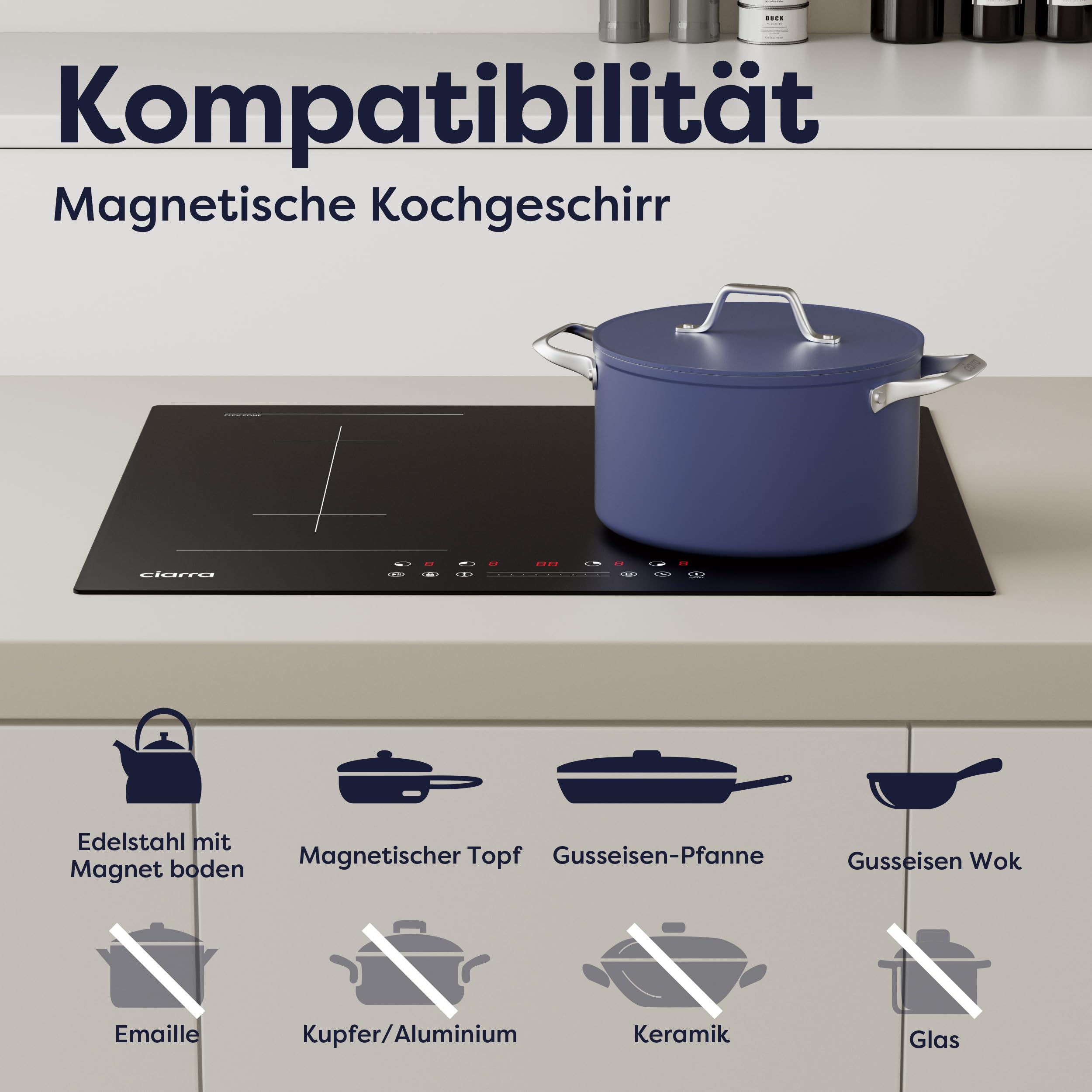 CIARRA CBBIH4BF Induktionskochfeld 60 cm Flexzonen Einbau 4 Platten mit Bridge Bräterzone PowerBoost Slider Touch-Bedienung Induktion Kochfeld 9 Stufen Timer Kindersicherung Überhitzungsschutz 7200 W