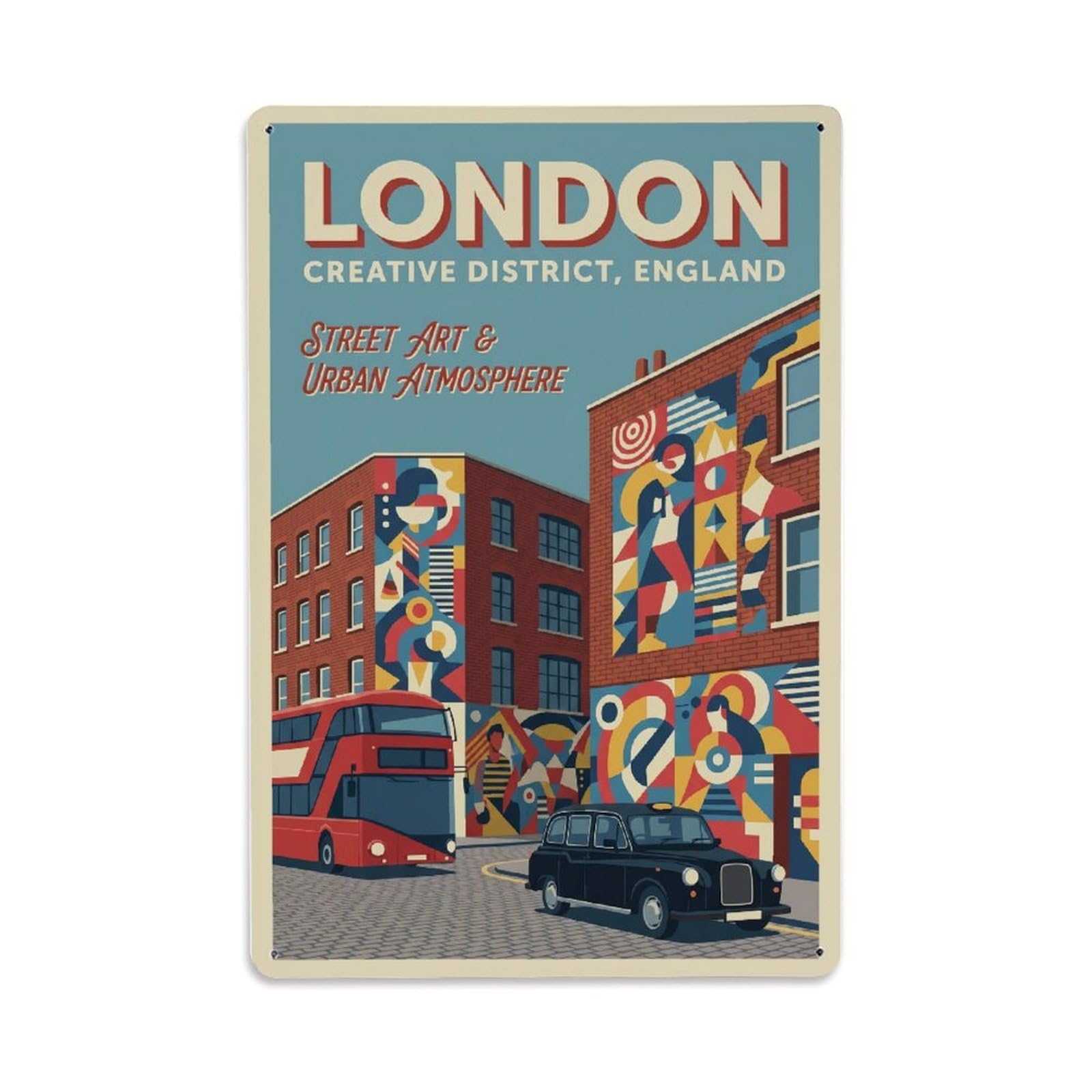 Vintage Travel London Shoreditch Street Art District Clean England Metal Tin Sign Plaque Wall Decor for Cafe, Club Bar, Office, Home Garden Metal Poster 8x12Inch