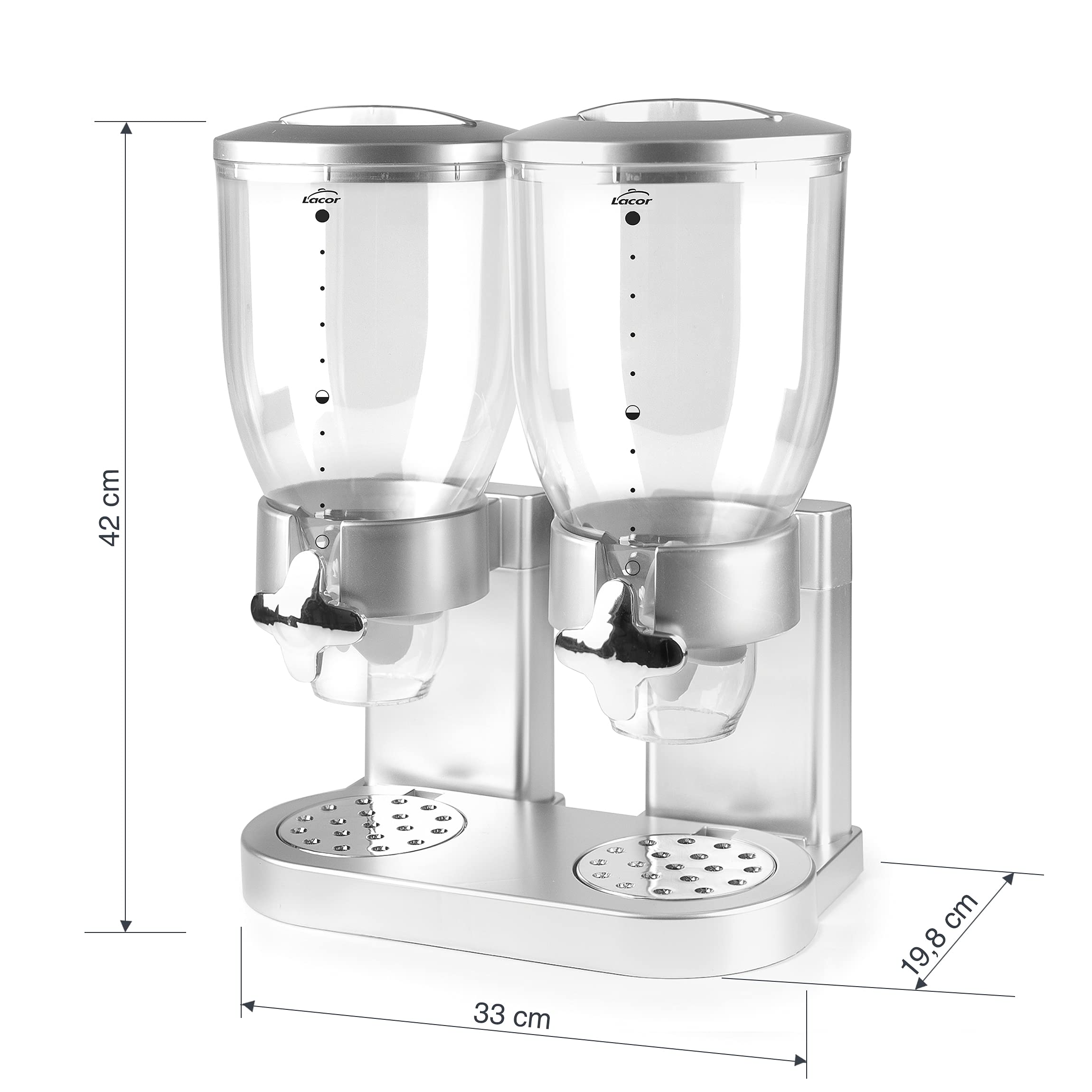 LACOR 62597 Distributeur de céréales, Fruits secs, pâtes et Bonbons, Double récipient, Deux récipients de 3,5 L, système Rotatif, sans BPA, 33 x 20 x 42 cm, Gris