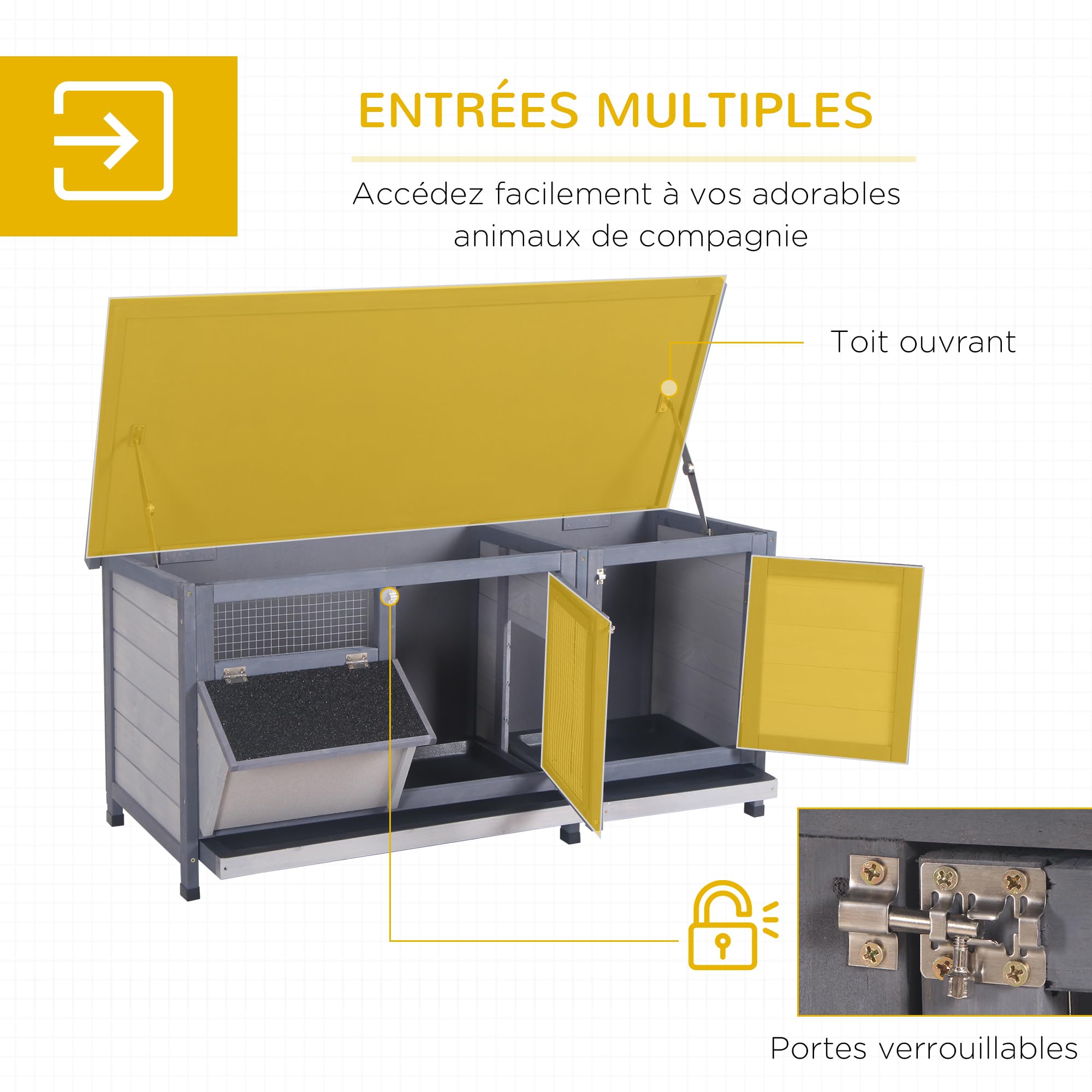 PawHut Clapier sur Pied Cage à Lapin avec Toit bitumé ouvrant 2 Portes verrouillables 2 tiroirs à déjection coulissants mangeoire Bois de Sapin traité dim. 112L x 50l x 54H cm Gris et Noir
