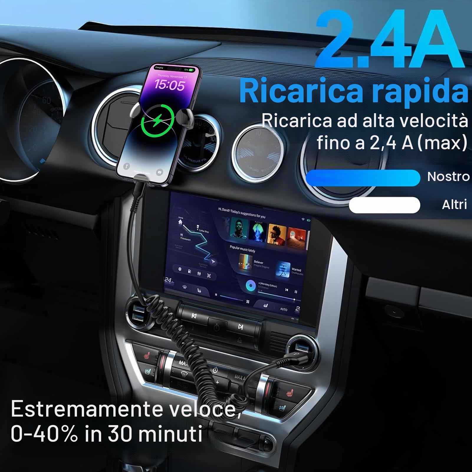 Cavo a spirale USB A a Lightning, [Certificato MFi] Cavo CarPlay per dati, Cavo di ricarica per iPhone Auto USB Lightning Cavo di ricarica rapida per iPhone 14 Pro/14 Plus/14/13/12/11/SE/X/XS/XR/8