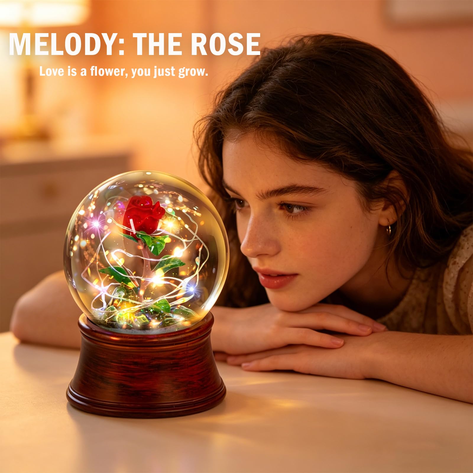 Rose Snow Globe, Preserved Red Rose Flower Musical Snow Globe