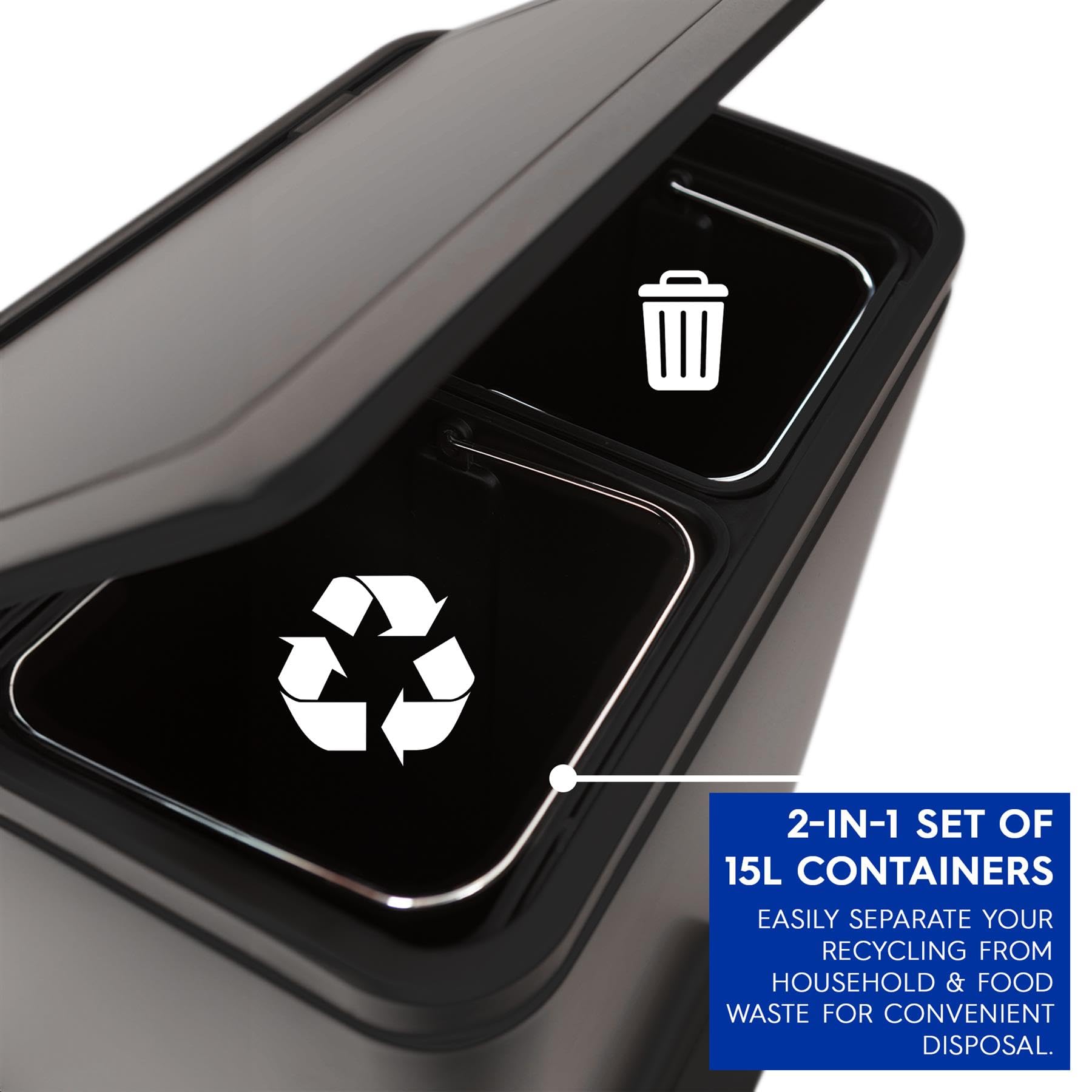 Harbour Housewares 30L (2 x 15L) Doppelter Küchen-Treteimer aus Edelstahl - Gebürstet - 1x Sanftes Schließen Groß Dual Metall Schrank Recycling Essen Abfall Mülleimer Mülltonne Müll Behälter